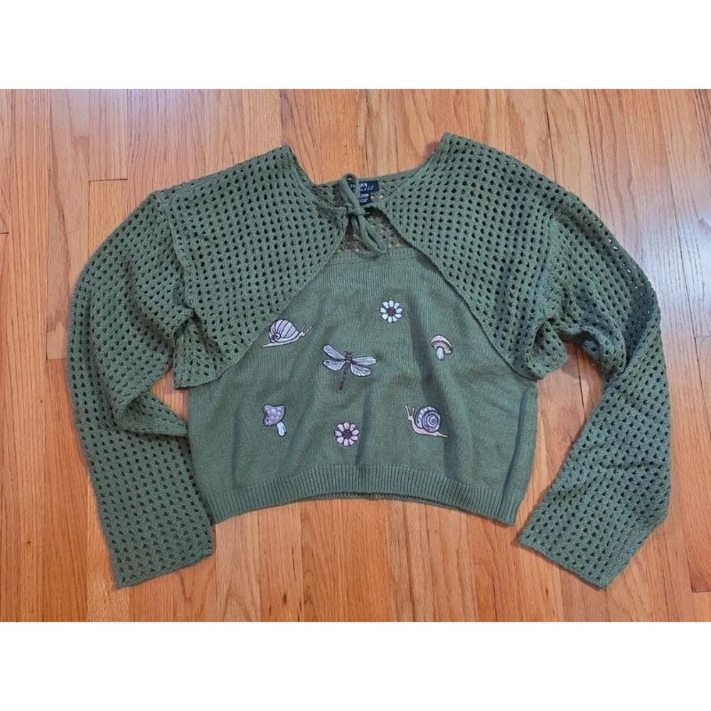 Thorn & Fable Olive Green Open Knit Crochet Cropped Cardigan w/ top